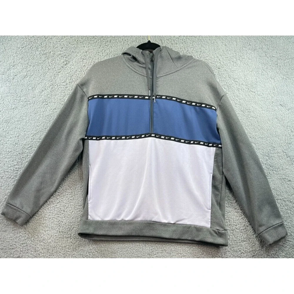 Nike Hoodie Small Gray White Blue Half Zip Color Block Pocket‎